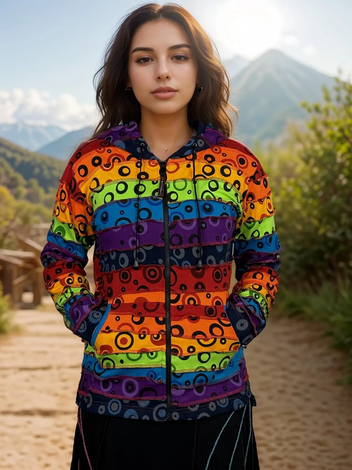 Agan Traders 2025 Spring Rainbow Printed Knit Cotton Lightweight Hoodie - Bohemian Hippie Gypsy Zip Up Jackets for Women