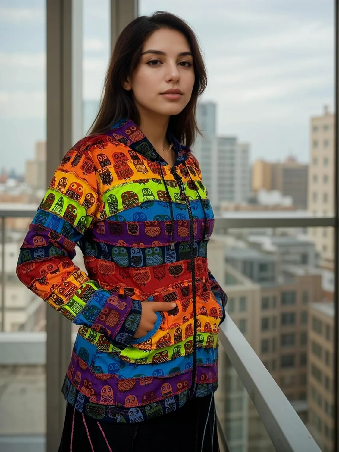 Agan Traders 2025 Spring Rainbow Printed Knit Cotton Lightweight Hoodie - Bohemian Hippie Gypsy Zip Up Jackets for Women