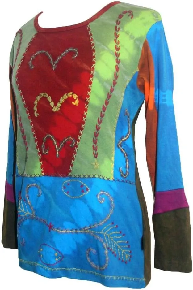 Agan Traders 2025 Spring Rib Knit Thick Cotton Gypsy Retro Bohemian Tops - Long Sleeve Hand Embroidered Blouses for Women