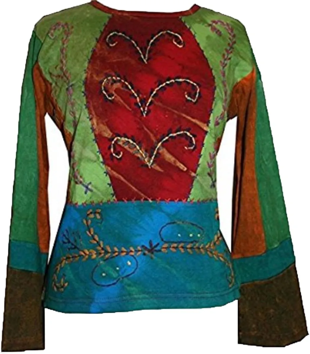 Agan Traders 2025 Spring Rib Knit Thick Cotton Gypsy Retro Bohemian Tops - Long Sleeve Hand Embroidered Blouses for Women