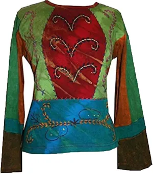Agan Traders 2025 Spring Rib Knit Thick Cotton Gypsy Retro Bohemian Tops - Long Sleeve Hand Embroidered Blouses for Women