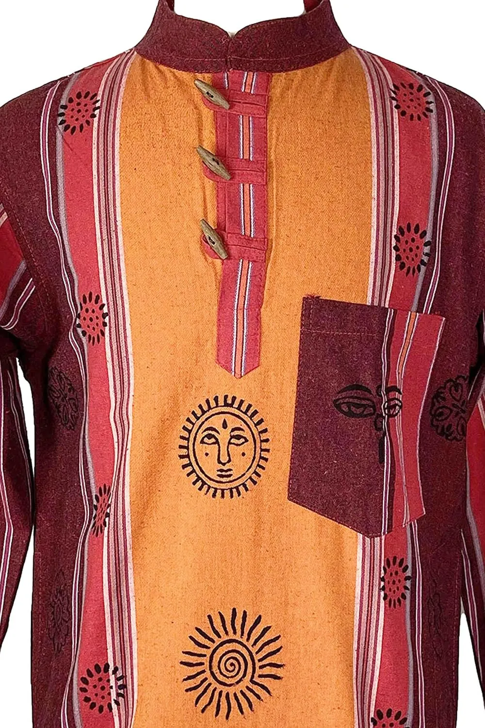 Agan Traders 2025 Spring Thick Cotton Henley Grandad Auspicious Symbols Printed Hoodie Mandarin Tunic Top Kurta Sweatshirt