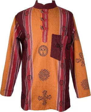 Agan Traders 2025 Spring Thick Cotton Henley Grandad Auspicious Symbols Printed Hoodie Mandarin Tunic Top Kurta Sweatshirt