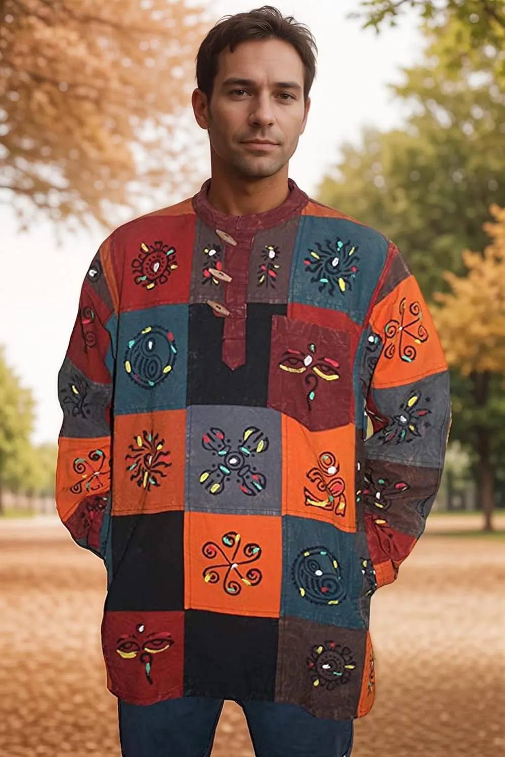 Agan Traders 2025 Spring Thick Cotton Henley Grandad Auspicious Symbols Printed Hoodie Mandarin Tunic Top Kurta Sweatshirt