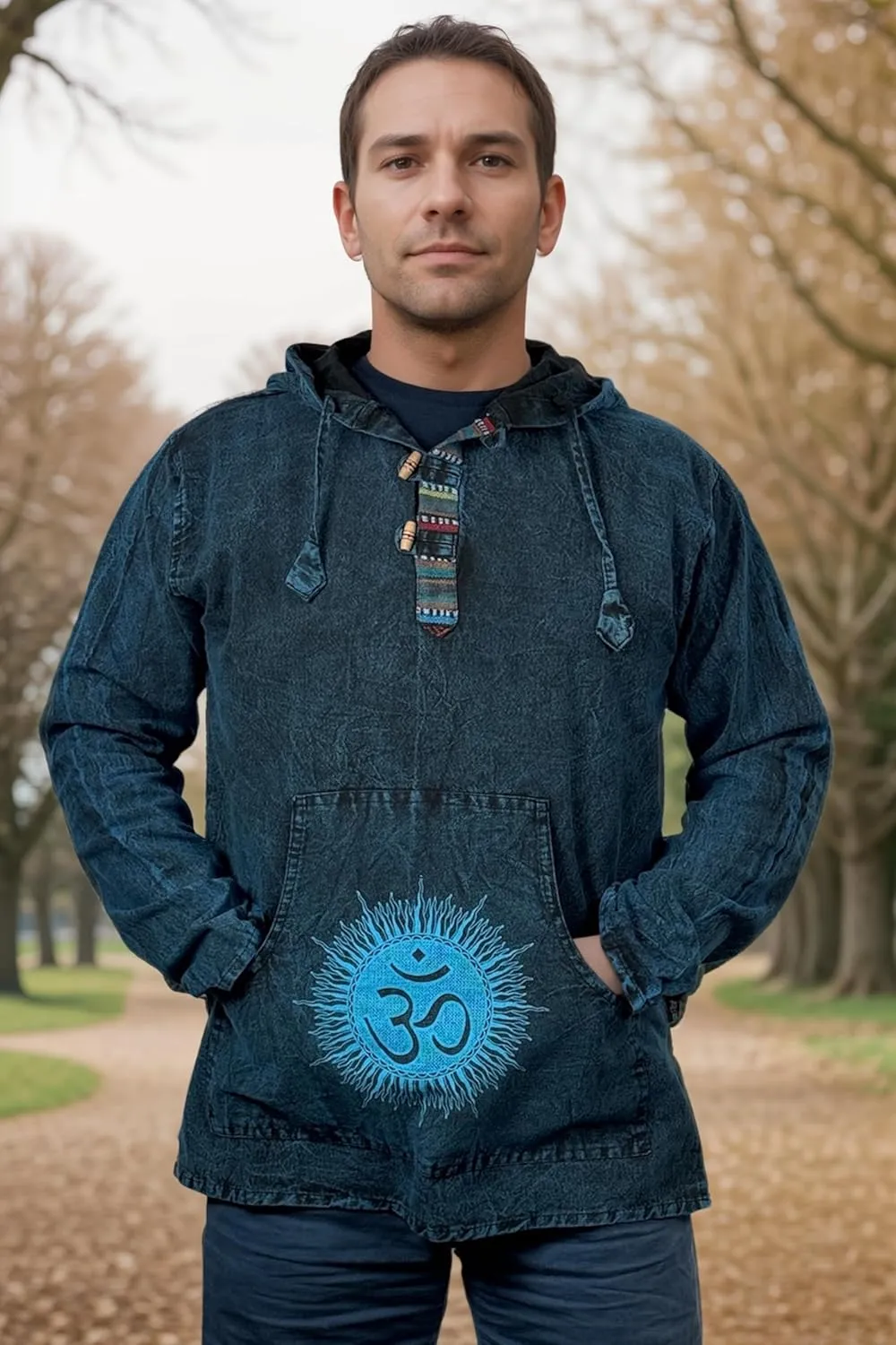 Agan Traders 2025 Spring Thick Cotton Henley Grandad Auspicious Symbols Printed Hoodie Mandarin Tunic Top Kurta Sweatshirt