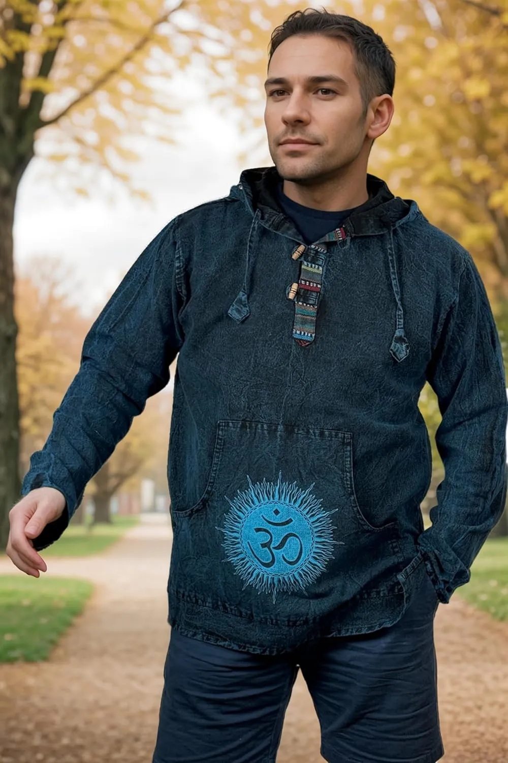 Agan Traders 2025 Spring Thick Cotton Henley Grandad Auspicious Symbols Printed Hoodie Mandarin Tunic Top Kurta Sweatshirt