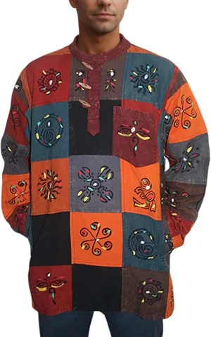 Agan Traders 2025 Spring Thick Cotton Henley Grandad Auspicious Symbols Printed Hoodie Mandarin Tunic Top Kurta Sweatshirt