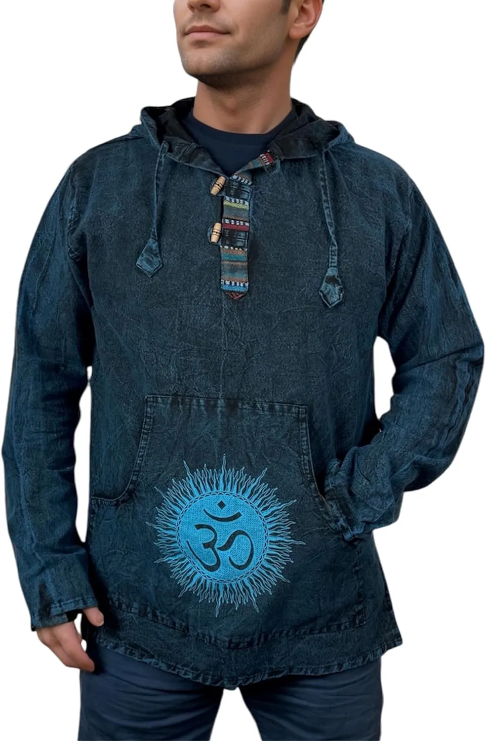 Agan Traders 2025 Spring Thick Cotton Henley Grandad Auspicious Symbols Printed Hoodie Mandarin Tunic Top Kurta Sweatshirt