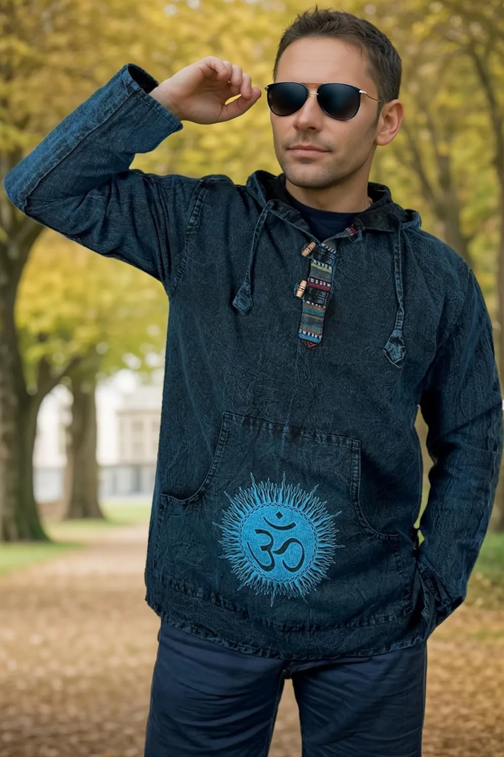 Agan Traders 2025 Spring Thick Cotton Henley Grandad Auspicious Symbols Printed Hoodie Mandarin Tunic Top Kurta Sweatshirt