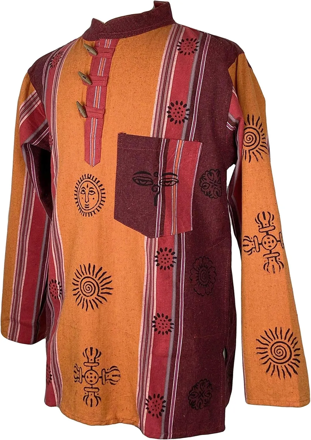 Agan Traders 2025 Spring Thick Cotton Henley Grandad Auspicious Symbols Printed Hoodie Mandarin Tunic Top Kurta Sweatshirt
