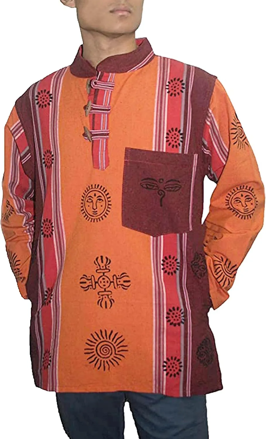 Agan Traders 2025 Spring Thick Cotton Henley Grandad Auspicious Symbols Printed Hoodie Mandarin Tunic Top Kurta Sweatshirt