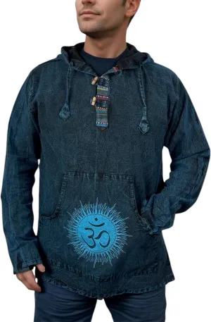 Agan Traders 2025 Spring Thick Cotton Henley Grandad Auspicious Symbols Printed Hoodie Mandarin Tunic Top Kurta Sweatshirt