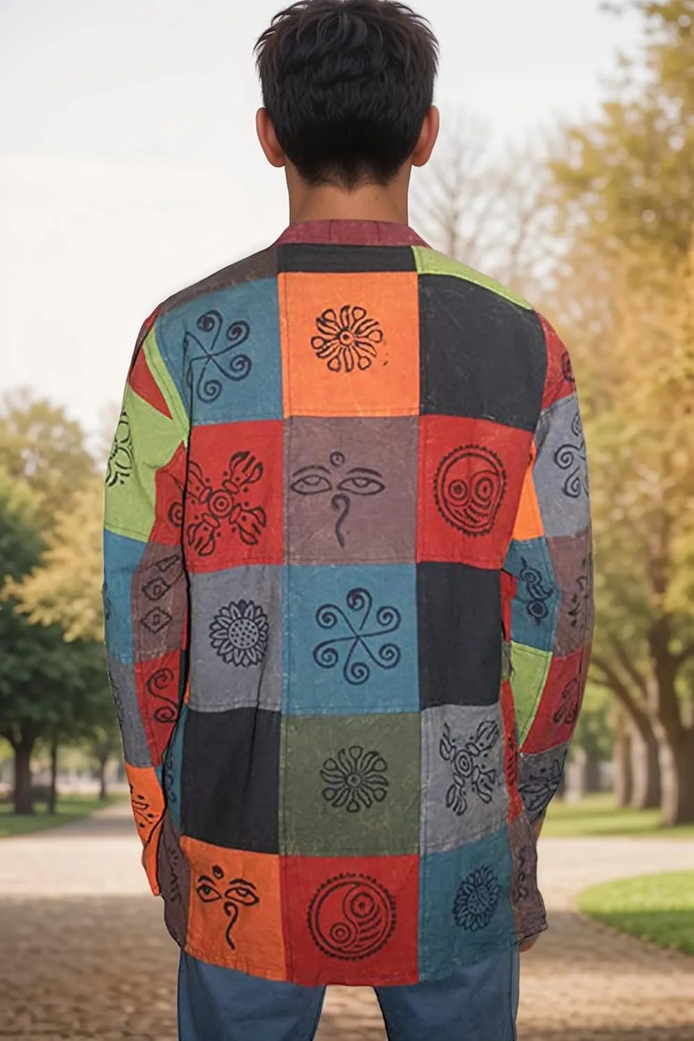 Agan Traders 2025 Spring Thick Cotton Henley Grandad Auspicious Symbols Printed Hoodie Mandarin Tunic Top Kurta Sweatshirt