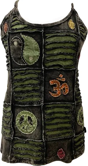 Agan Traders 2025 Summer Women's Knit Stretchy Rib Cotton Boho Gypsy Peace Om Patchwork Spaghetti Strap Top
