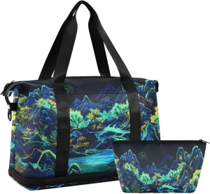 AIXIWAWA Neon Landscape Duffel Bags Set with Shoes Compartment Trolley Sleeve Removeable Strap for Workout Travel Gym