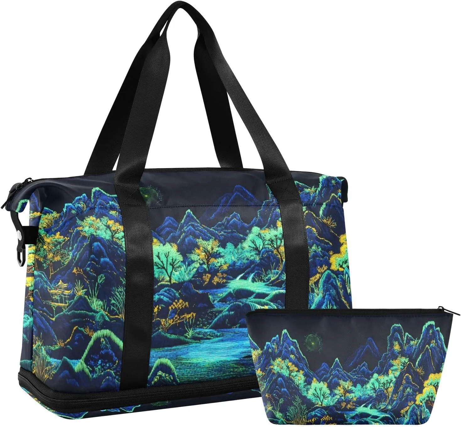 AIXIWAWA Neon Landscape Duffel Bags Set with Shoes Compartment Trolley Sleeve Removeable Strap for Workout Travel Gym
