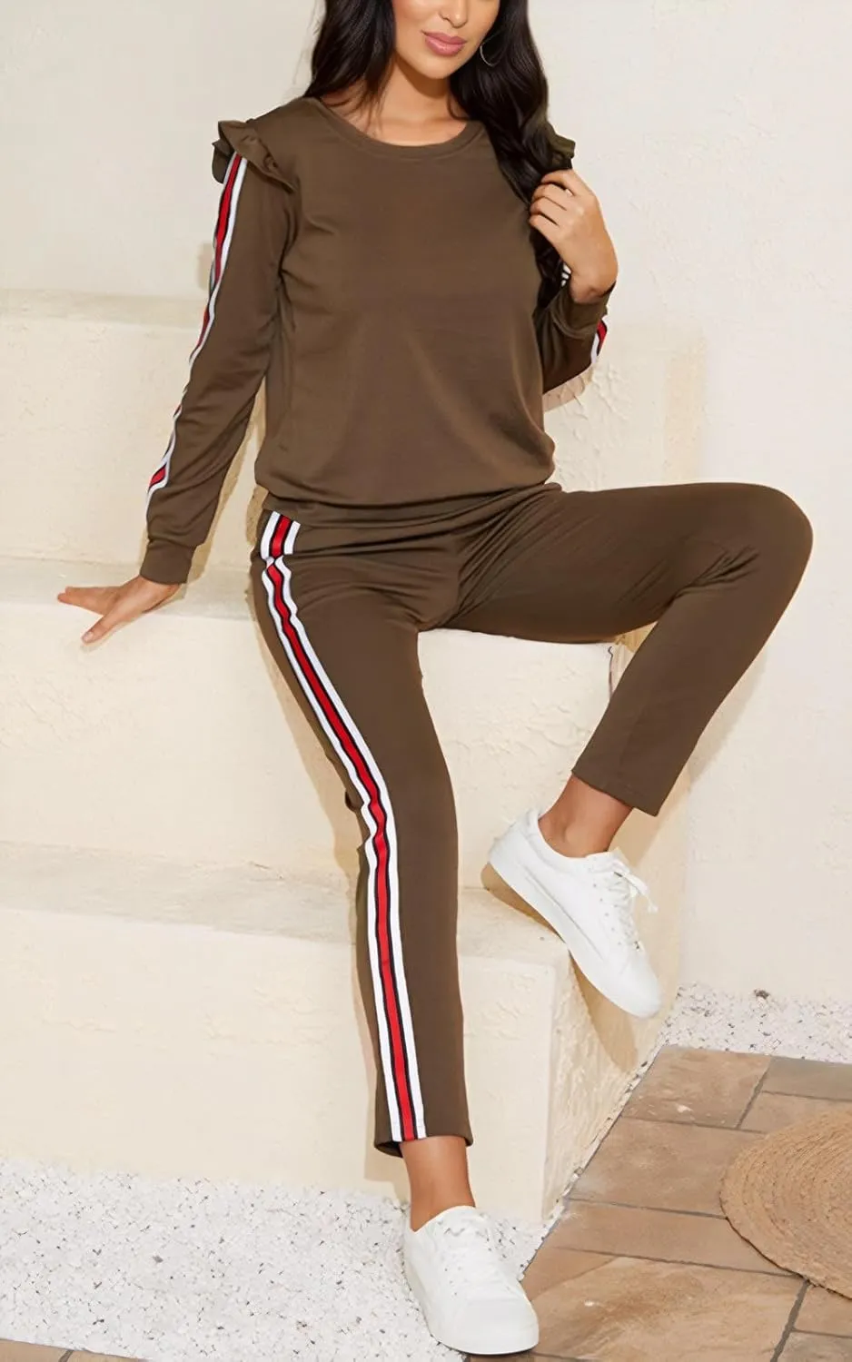 Akmipoem Women's 2 Piece Outfits Ruffle Sleeve Sweatshirt and Pants Sweatsuits Set Tracksuits