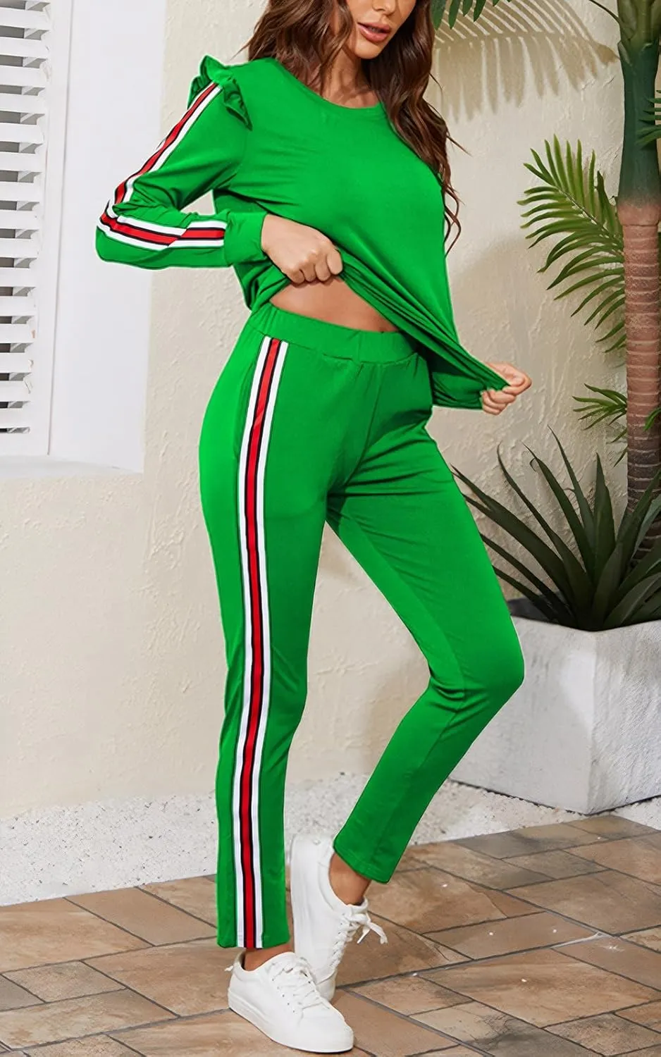 Akmipoem Women's 2 Piece Outfits Ruffle Sleeve Sweatshirt and Pants Sweatsuits Set Tracksuits