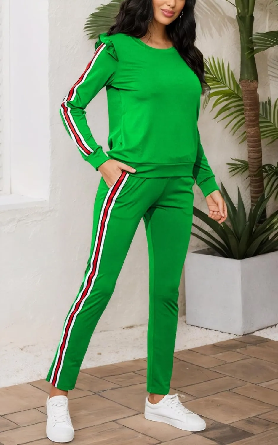 Akmipoem Women's 2 Piece Outfits Ruffle Sleeve Sweatshirt and Pants Sweatsuits Set Tracksuits