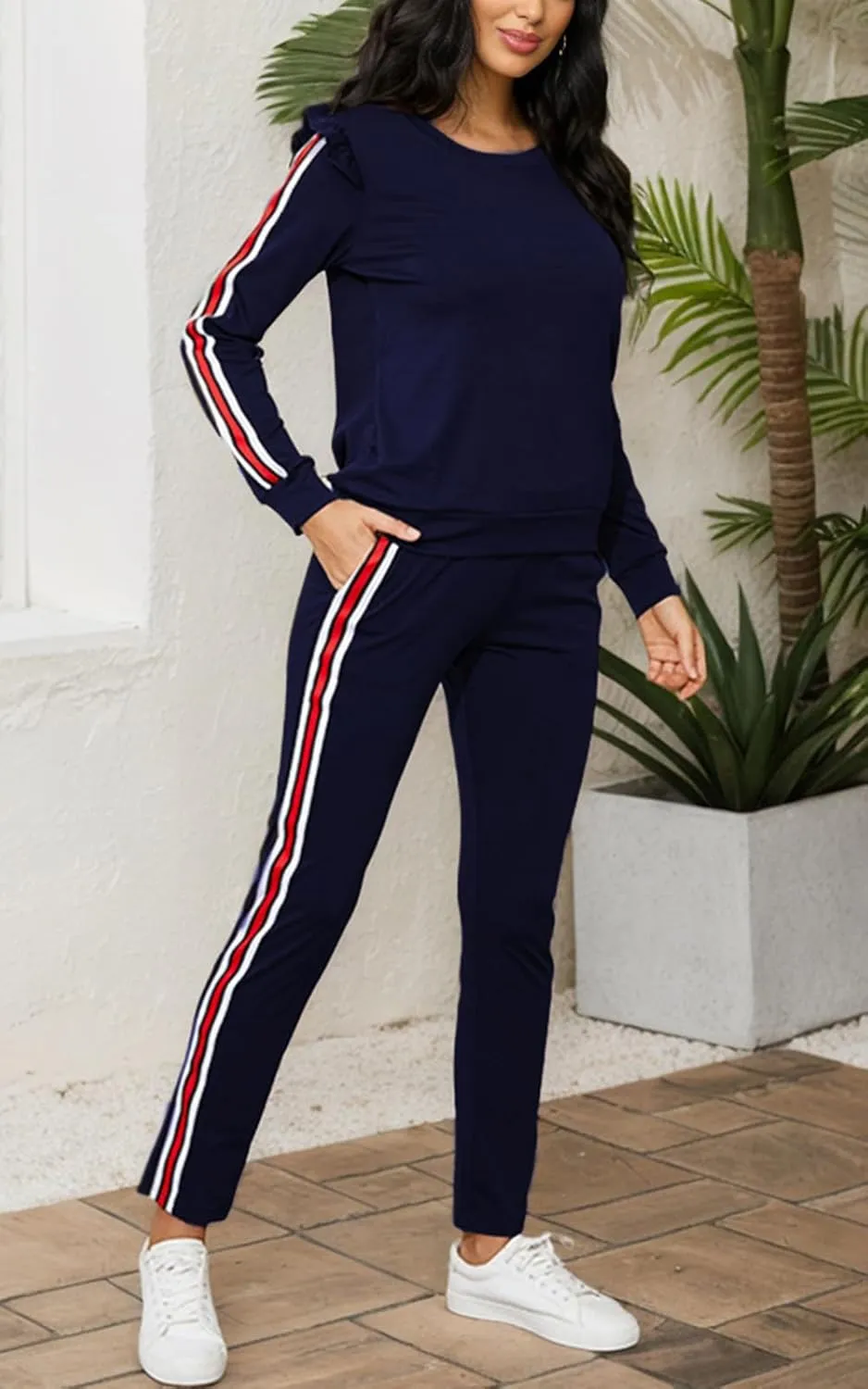 Akmipoem Women's 2 Piece Outfits Ruffle Sleeve Sweatshirt and Pants Sweatsuits Set Tracksuits