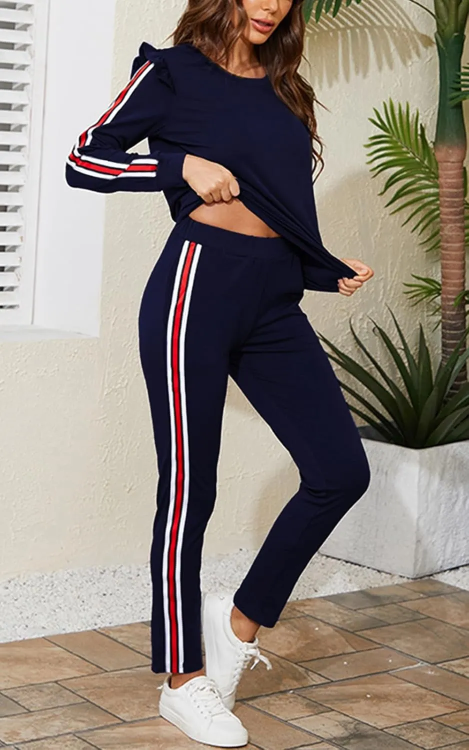 Akmipoem Women's 2 Piece Outfits Ruffle Sleeve Sweatshirt and Pants Sweatsuits Set Tracksuits