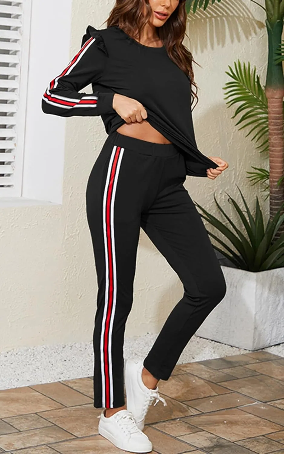 Akmipoem Women's 2 Piece Outfits Ruffle Sleeve Sweatshirt and Pants Sweatsuits Set Tracksuits