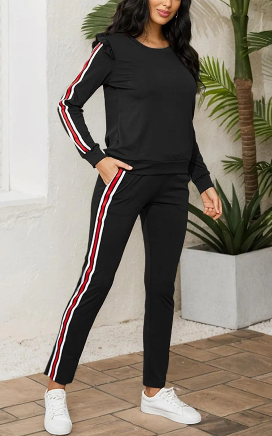 Akmipoem Women's 2 Piece Outfits Ruffle Sleeve Sweatshirt and Pants Sweatsuits Set Tracksuits