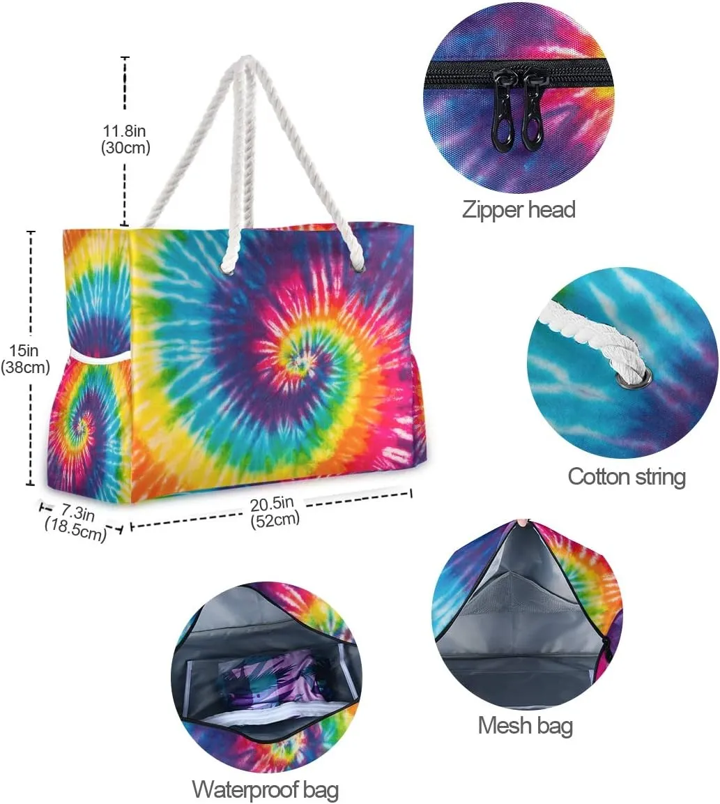 ALAZA Beach Bag, Abstract Swirl Design Tie Dye Shoulder Beach Tote with Cotton Rope Handles