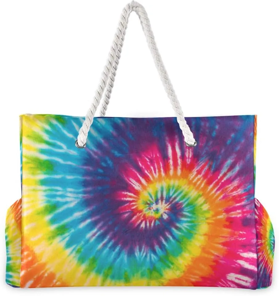 ALAZA Beach Bag, Abstract Swirl Design Tie Dye Shoulder Beach Tote with Cotton Rope Handles