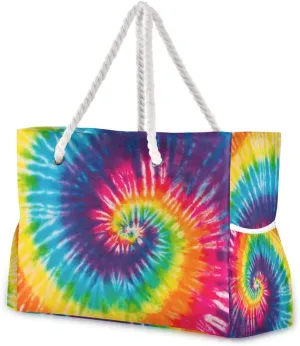ALAZA Beach Bag, Abstract Swirl Design Tie Dye Shoulder Beach Tote with Cotton Rope Handles