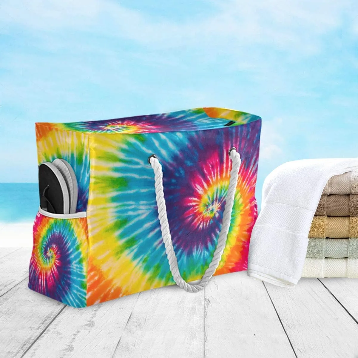 ALAZA Beach Bag, Abstract Swirl Design Tie Dye Shoulder Beach Tote with Cotton Rope Handles