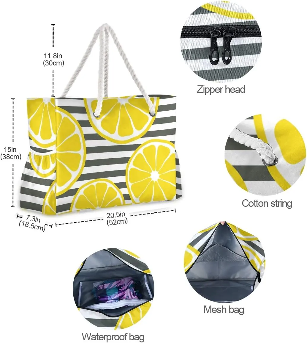 ALAZA Beach Bag, Summer Fresh Lemons and Black White Stripe Travel Tote Bags for Camping, Exercise