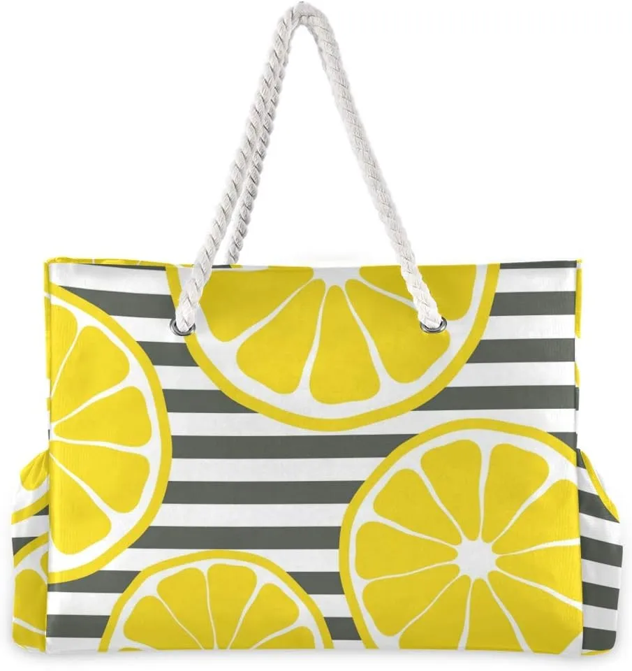 ALAZA Beach Bag, Summer Fresh Lemons and Black White Stripe Travel Tote Bags for Camping, Exercise