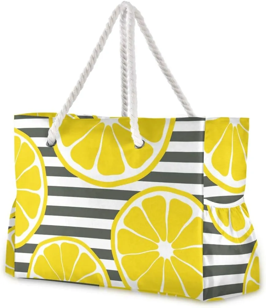 ALAZA Beach Bag, Summer Fresh Lemons and Black White Stripe Travel Tote Bags for Camping, Exercise