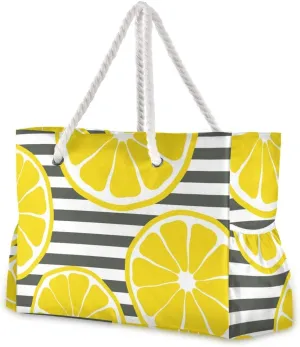 ALAZA Beach Bag, Summer Fresh Lemons and Black White Stripe Travel Tote Bags for Camping, Exercise