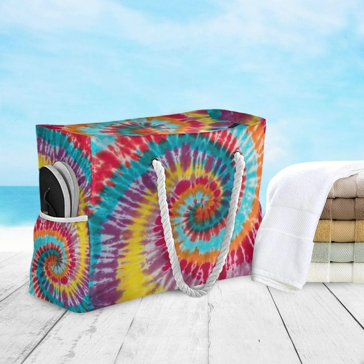ALAZA Colorful Tie Dye Traditional Swirl Beach Toy Bag Groceries Bag for Seaside, Shower Stall, Swiming Pool