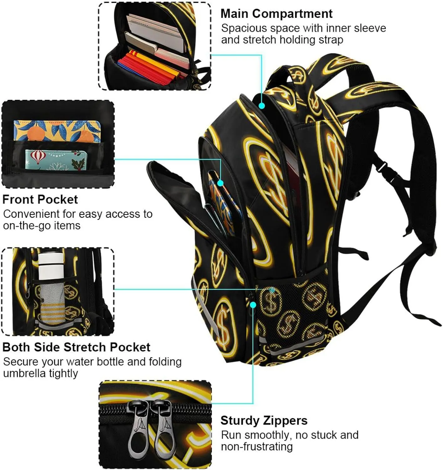ALAZA Neon Yellow Coin with Dollar Sign Pattern on Black Backpacks Travel Laptop Daypack School Book Bag for Men Women Teens Kids