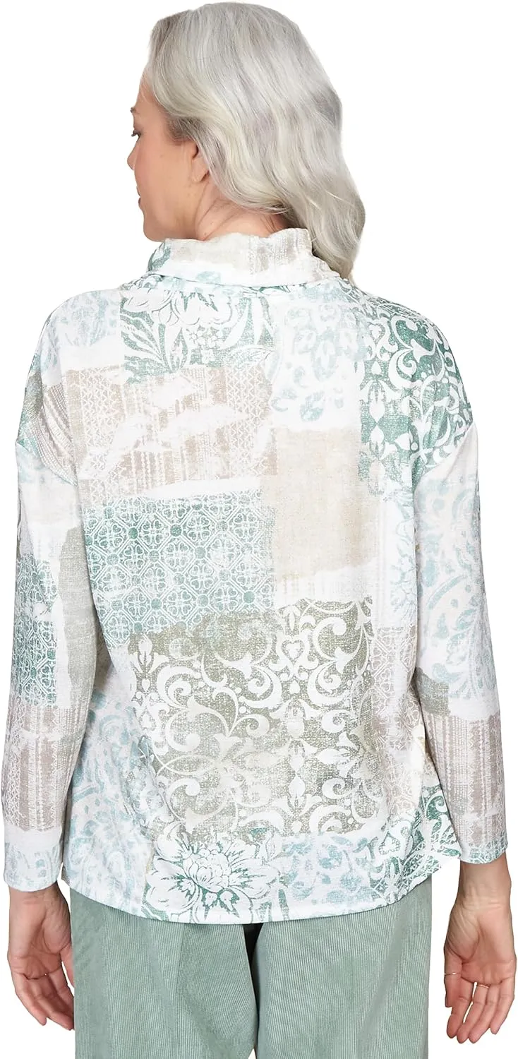 Alfred Dunner Shimmer Medallion Patchwork Cowl Neck Top