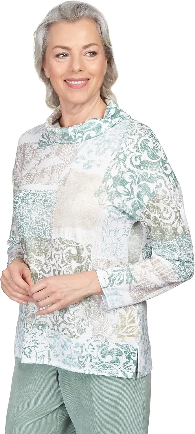 Alfred Dunner Shimmer Medallion Patchwork Cowl Neck Top