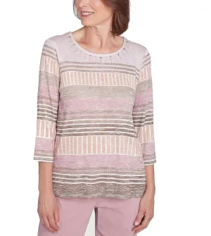 Alfred Dunner Women's Telluride Stripe Patchwork Crew Neck Knit Top