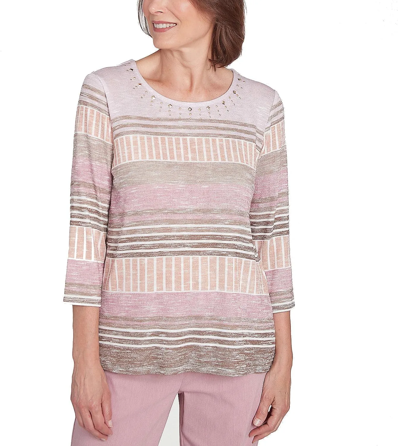 Alfred Dunner Women's Telluride Stripe Patchwork Crew Neck Knit Top