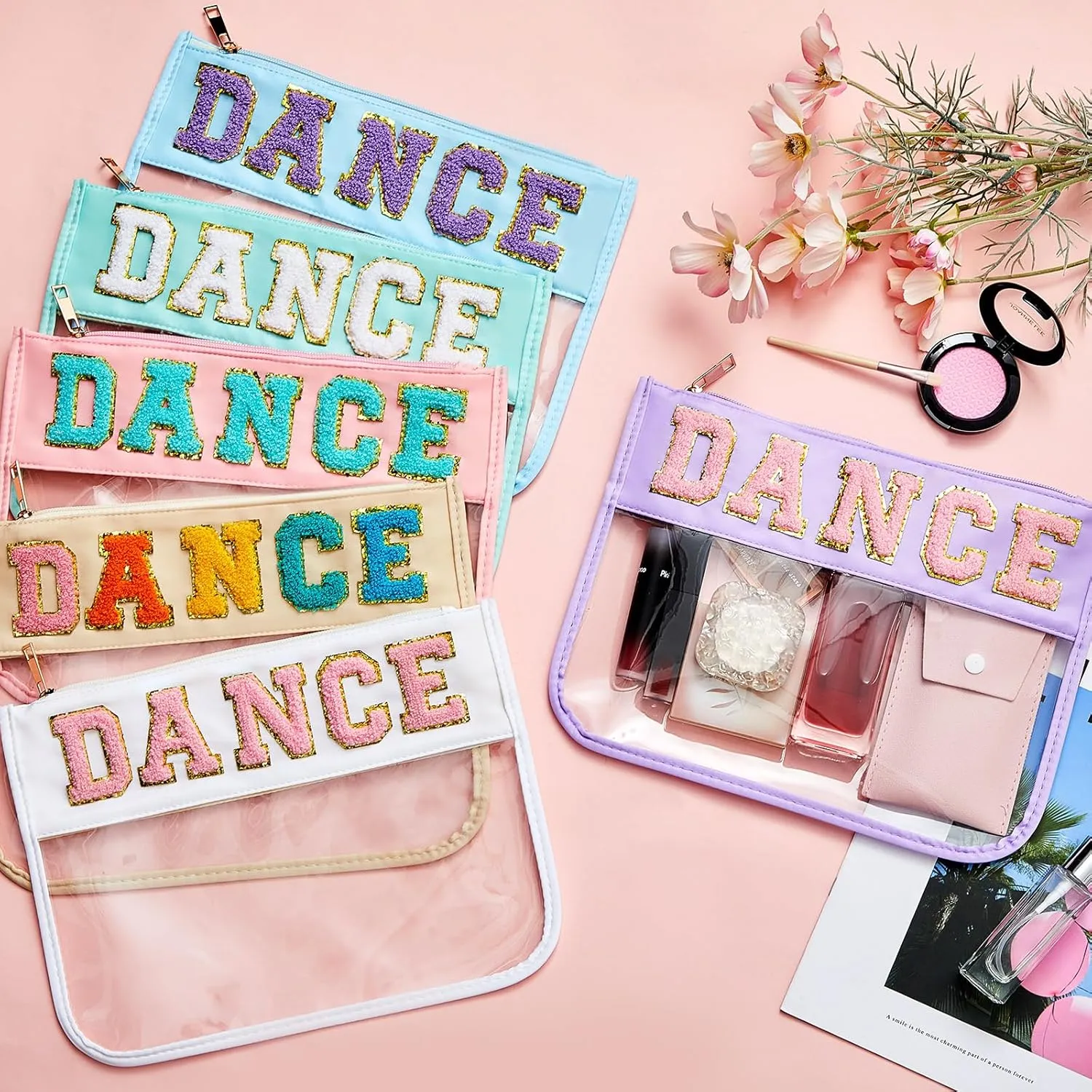 Aliceset 12 Pcs Dance Gifts for Women Cosmetic Bag with Chenille Letter Patches Dancer Clear Makeup Bag Toiletry Zipper Pouch for Travel Women Girls Storage (Multicolor)
