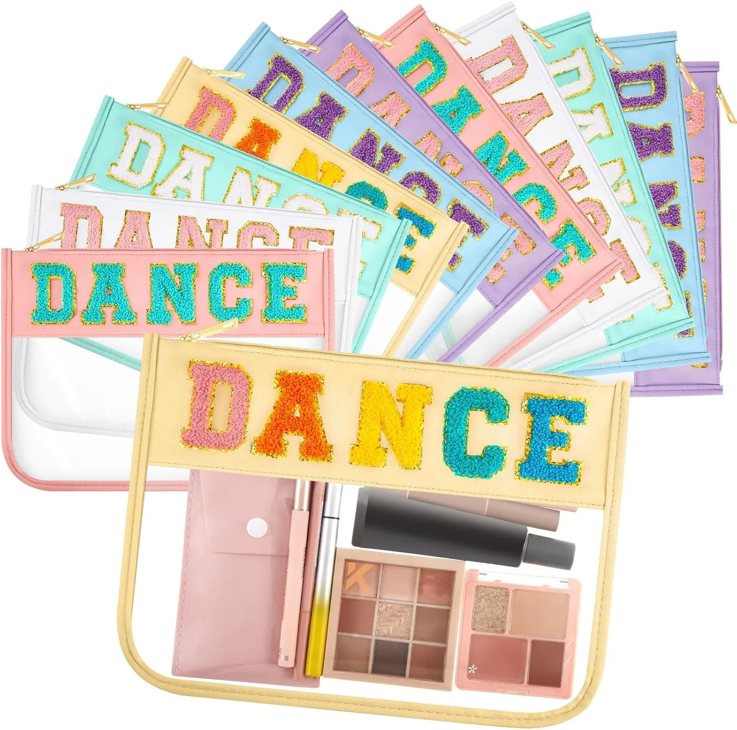 Aliceset 12 Pcs Dance Gifts for Women Cosmetic Bag with Chenille Letter Patches Dancer Clear Makeup Bag Toiletry Zipper Pouch for Travel Women Girls Storage (Multicolor)