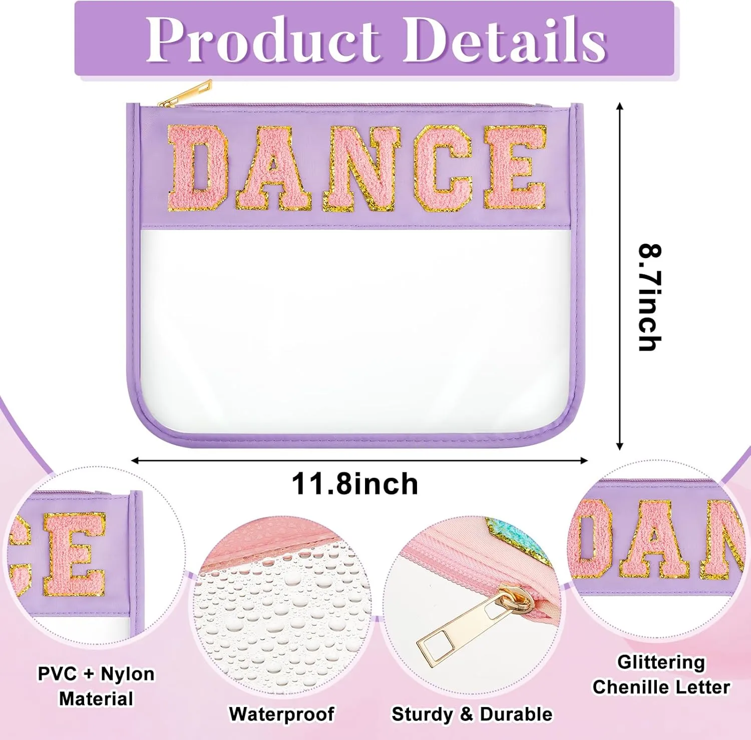 Aliceset 12 Pcs Dance Gifts for Women Cosmetic Bag with Chenille Letter Patches Dancer Clear Makeup Bag Toiletry Zipper Pouch for Travel Women Girls Storage (Multicolor)