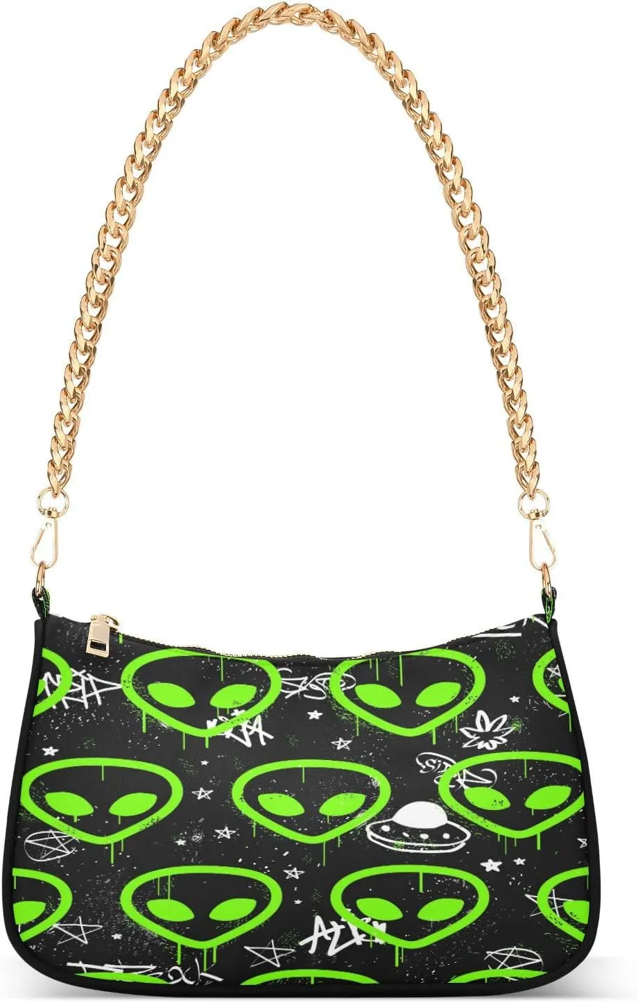 Alien Neon Head Ufo Womens Shoulder Bag for Women Hobo Tote Handbag Gold Chain Crossbody Bag with Zipper Clutch Purse Handbags
