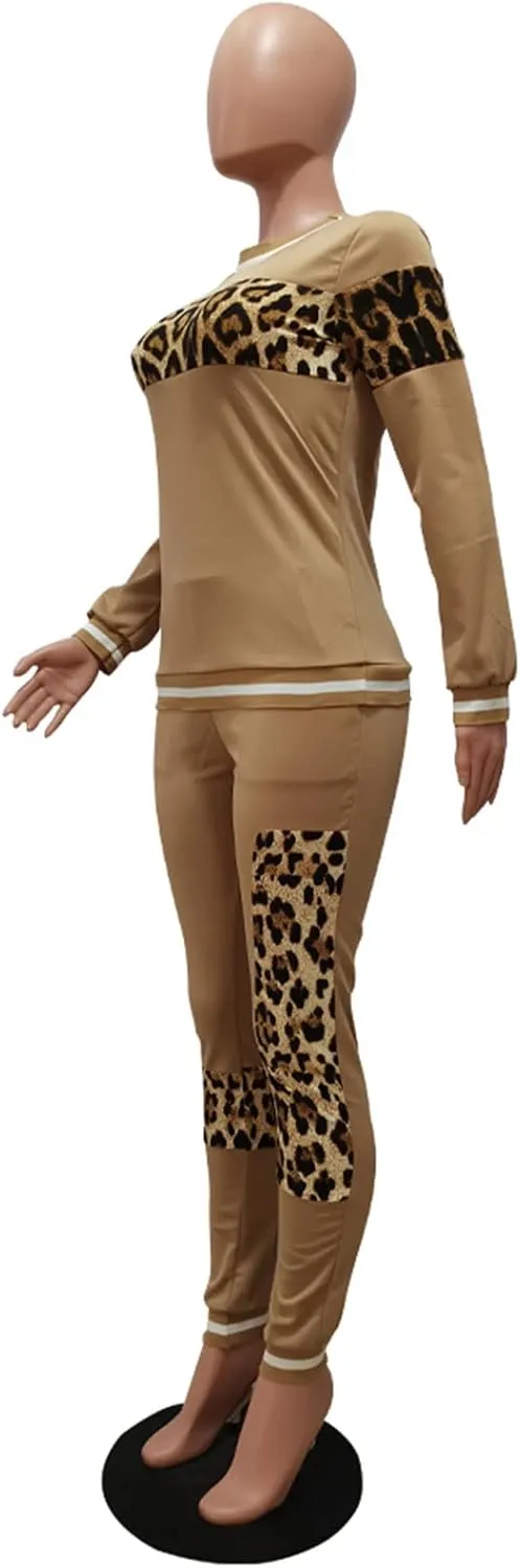 Alunzoem Womens Casual 2 Piece Outfits, Leopard Print Long Sleeve Top Pants Set Tracksuits