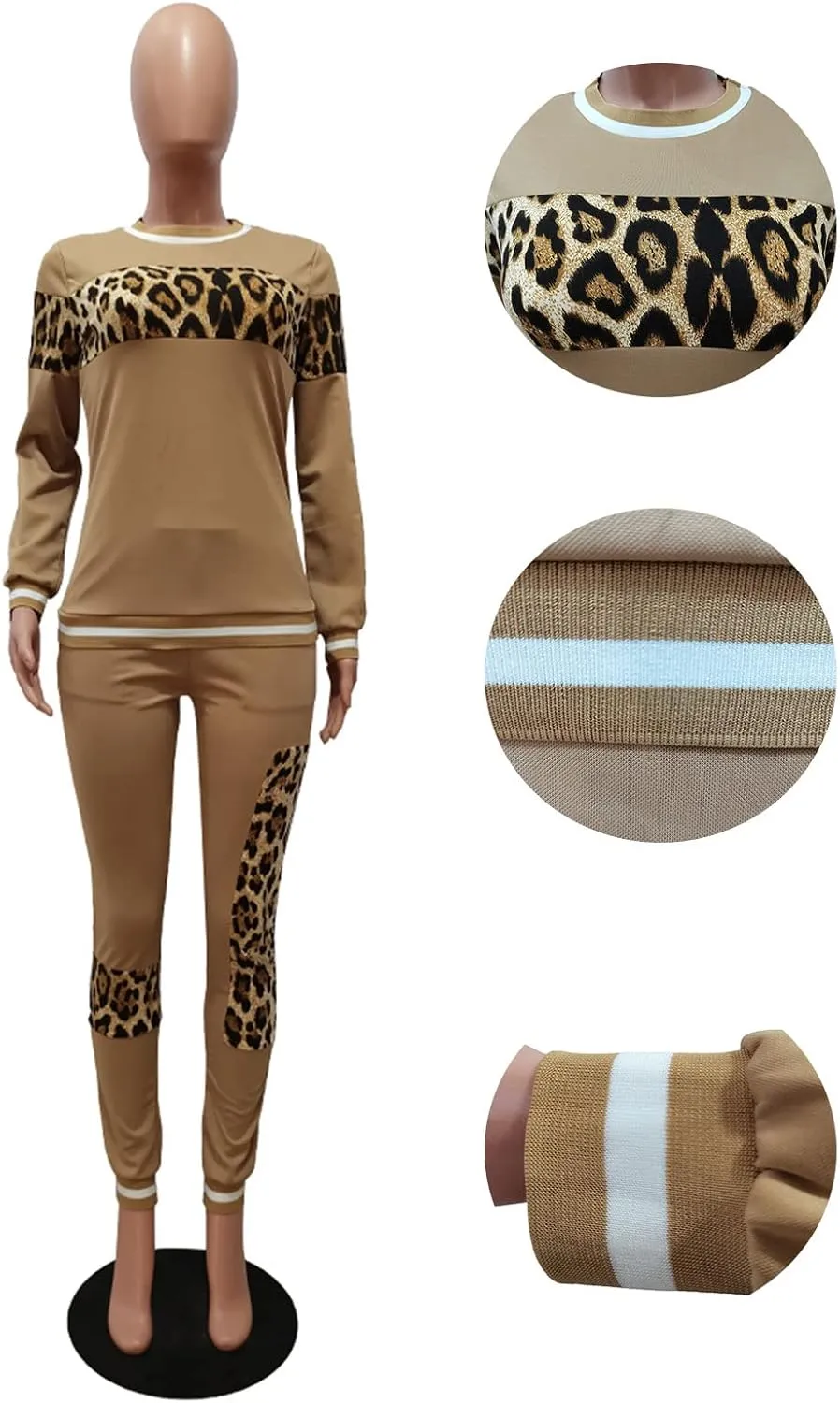 Alunzoem Womens Casual 2 Piece Outfits, Leopard Print Long Sleeve Top Pants Set Tracksuits