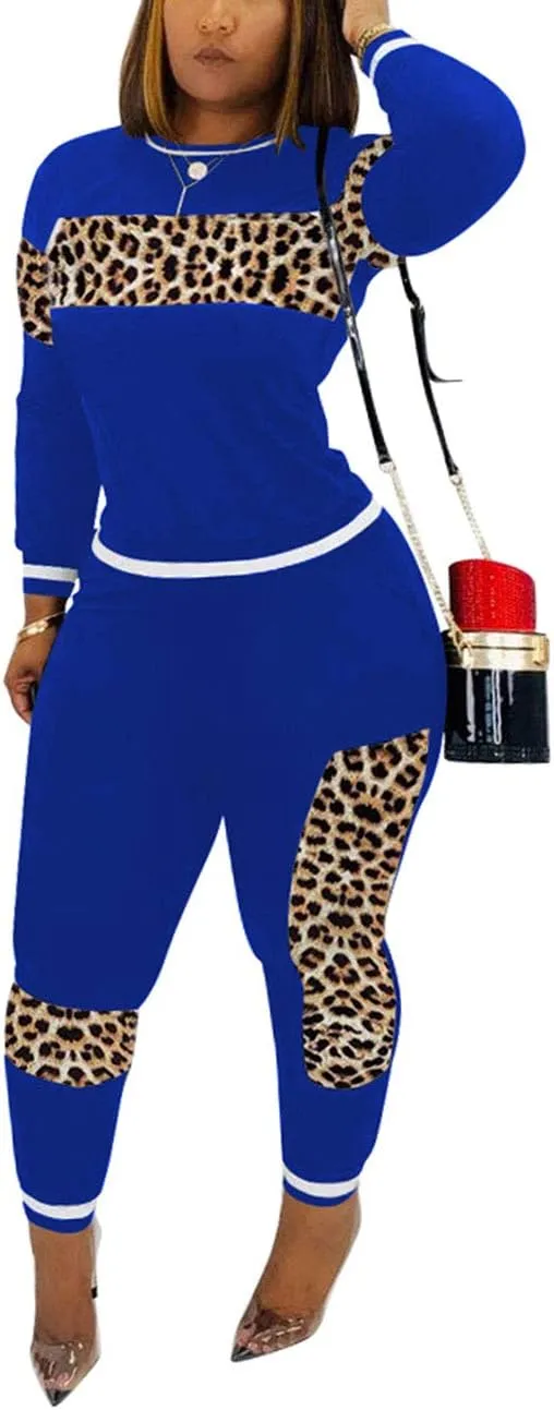 Alunzoem Womens Casual 2 Piece Outfits, Leopard Print Long Sleeve Top Pants Set Tracksuits