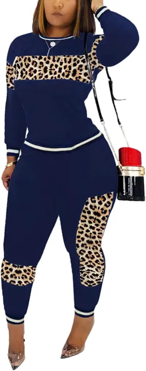 Alunzoem Womens Casual 2 Piece Outfits, Leopard Print Long Sleeve Top Pants Set Tracksuits