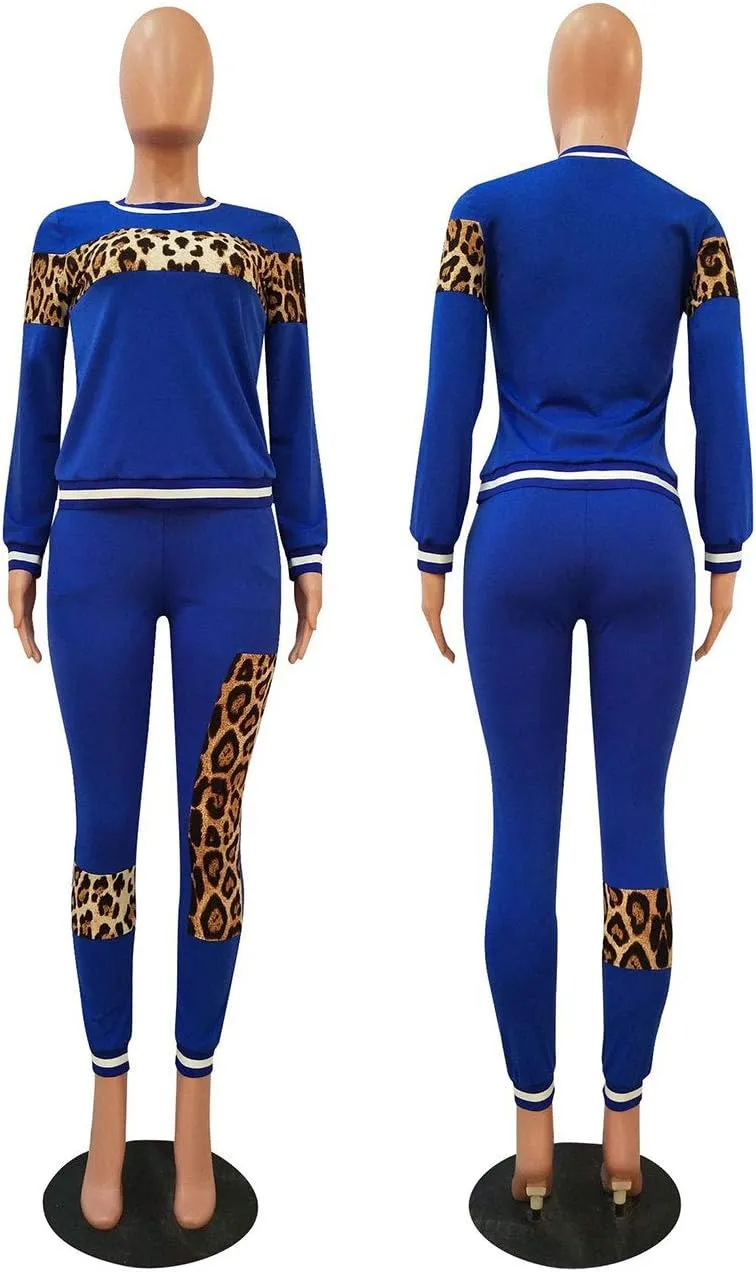 Alunzoem Womens Casual 2 Piece Outfits, Leopard Print Long Sleeve Top Pants Set Tracksuits